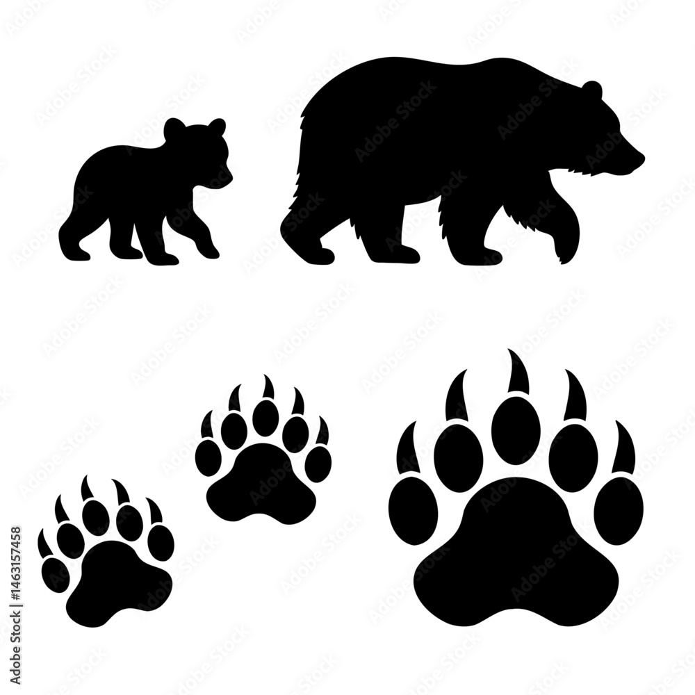 Bear Vector Bundle: Bear Silhouette, Baby Bear Silhouette, Bear Paw Print,  and Bear Footprints Stock Vector | Adobe Stock, image size:1000x1000