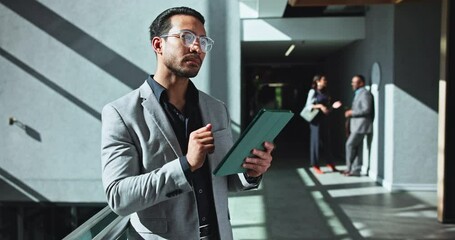 Aufkleber - Thinking, tablet and business man in lobby for online project, research and financial planning. Corporate, professional and worker on digital tech for website, finance report and investment in office