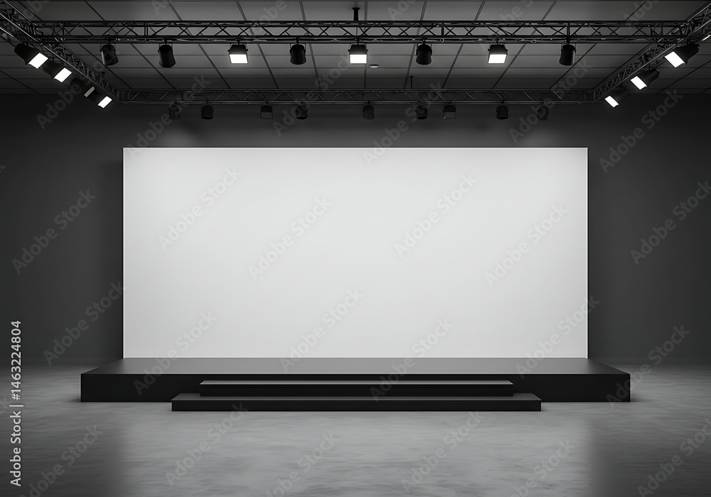 Modern presentation stage backdrop illuminated by spotlights in a dark ...