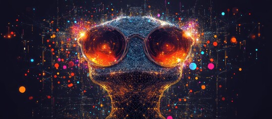 Abstract Digital Avatar with Glasses Illuminated by Colorful Data Streams