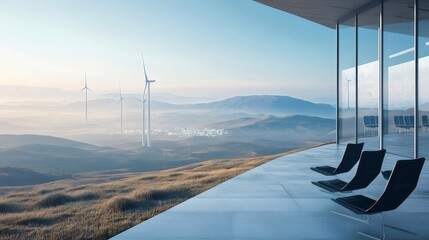 Aufkleber - ミニマリスト建築デザイン ガラス窓のあるテラスと山並みの風景 風力タービンが遠くに立ち並ぶ モダンな空間デザイン
