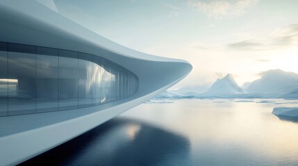 Aufkleber - 雪の山と氷山の景色の近くにある近代的な白い建物の壮大な眺め