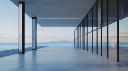 Aufkleber - コンクリート建築と広大な海の眺めを持つミニマリストモダンなインテリアデザイン ガラス窓と柱のある明るい空間 反射する床と青い空の背景