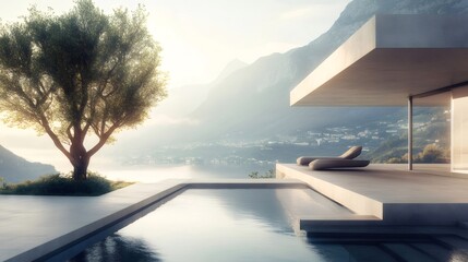 Aufkleber - 湖畔の丘に佇むモダンなコンクリート住宅 プールサイドのテラスからの眺めと穏やかな自然光が魅力的な風景