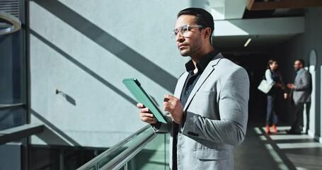 Aufkleber - Thinking, office and businessman in lobby on tablet for online project, research and financial planning. Corporate, professional and worker on digital tech for website, finance report and investment