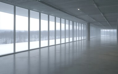 Wall Mural - Empty modern gallery space with panoramic windows overlooking snowy landscape