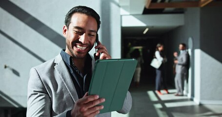 Aufkleber - Phone call, tablet and business man in lobby for online project, research and financial planning. Corporate, professional and worker on digital tech for communication, talking and contact in office