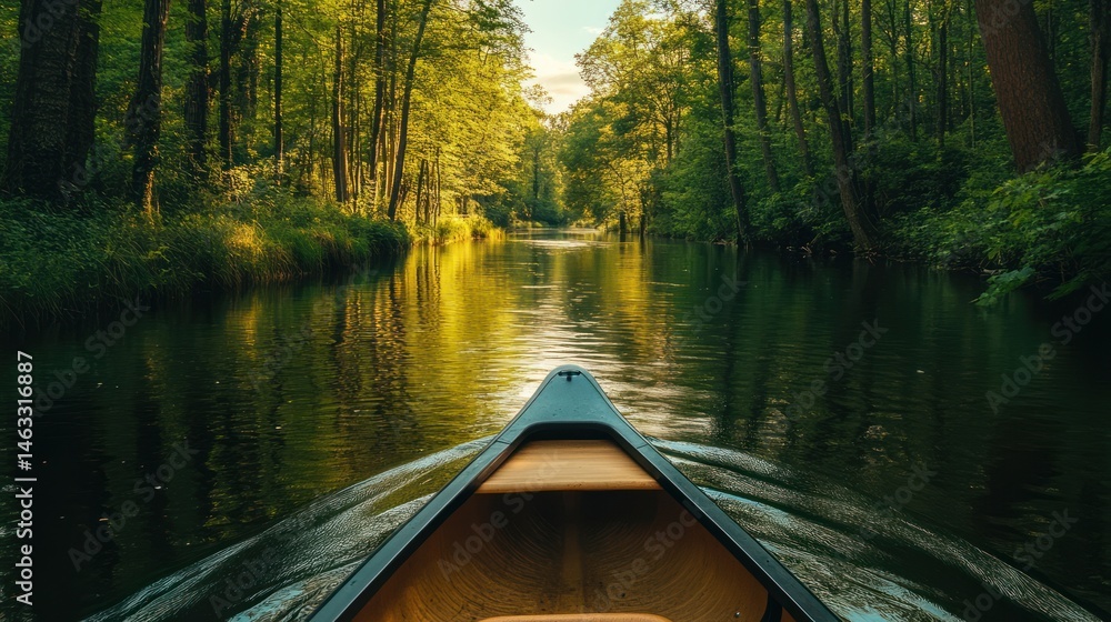 Serene canoe journey through a tranquil river embraced by lush green ...
