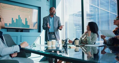 Poster - Business people, finance or screen in office for presentation, productivity report or feedback chart. Mature speaker, staff or meeting in boardroom for company growth, budget review or data analysis