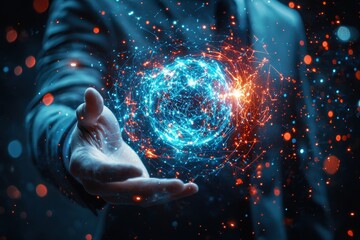 Wall Mural - futuristic technology concept with businessman holding a glowing digital sphere of data and connecti