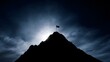 © F - Abstract mountain peak silhouette with flag at summit under dramatic side lighting on a minimalist chalkboard-style background, symbolizing achievement, ambition, success, leadership, and personal