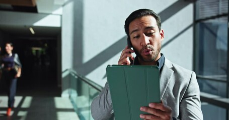 Poster - Phone call, office and businessman in lobby on tablet for online project, research and financial planning. Corporate, professional and worker on digital tech for communication, talking and contact