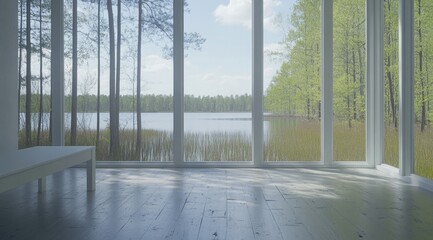 Wall Mural - Tranquil, minimalist space overlooking a serene lake