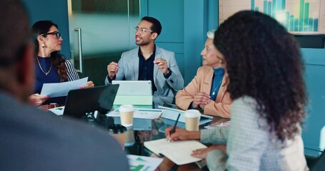Aufkleber - Business people, meeting or tech in office for finance, budget report or feedback chart. Man speaker, documents or team discussion in boardroom for company review, profit growth or funding pitch