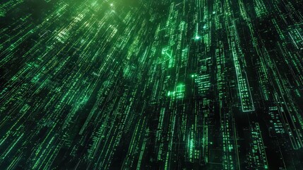 abstract digital grid with green code streams and technological interconnections