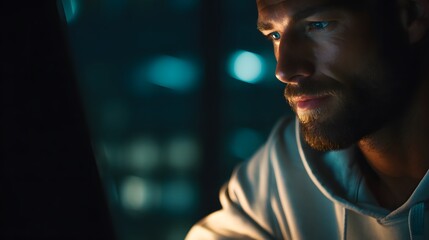 Confident IT specialist in casual attire captured in natural side lighting with abstract glowing tech background, upper body portrait with shallow depth of field reflecting innovation, modern work