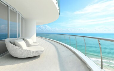Wall Mural - Oceanfront balcony with white wicker lounge chairs