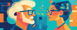 © Sanych - Abstract illustration of elderly man and young woman interacting with geometric patterns in vibrant colors.