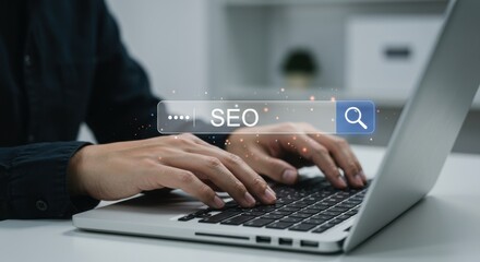Person typing on laptop with search bar overlay for optimization concept