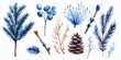 © rfofficial - Winter Botanical Watercolor Collection: Blue Pine Branches, Berries, Pine Cone, and Twigs