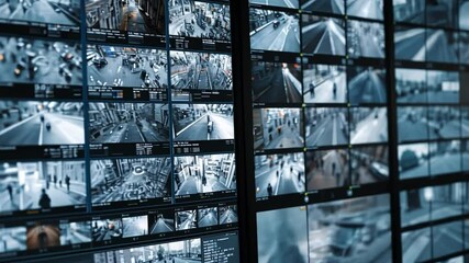 Surveillance Room Overview: A detailed view showcases a comprehensive security system, with multiple screens displaying real-time feeds from various cameras.