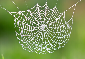 A delicate spider web, covered in dewdrops, creates an intricate pattern against the backdrop of nature's beauty
