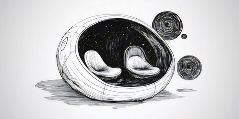 Fototapete - 白と黒のミニマリストデザインスタイルの球形椅子と浮遊する球体を持つ手描きのイラストレーション