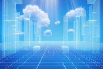 Aufkleber - 青空の抽象的な立方体と雲の風景 光の線とピクセルのディテール 未来的なデジタルの背景デザイン