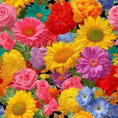 Wall Mural - A vibrant, colorful pattern of various flowers in full bloom.