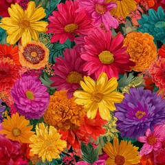 Wall Mural - A vibrant, colorful pattern of various flowers in full bloom.