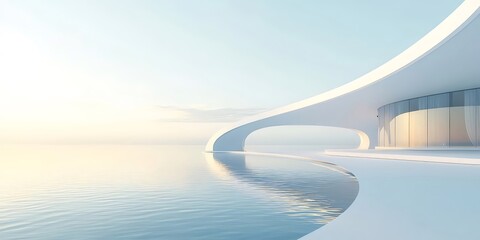 Aufkleber - 現代的な白い建築構造物が水辺に映る滑らかな湾の風景と穏やかな空のミニマリズム