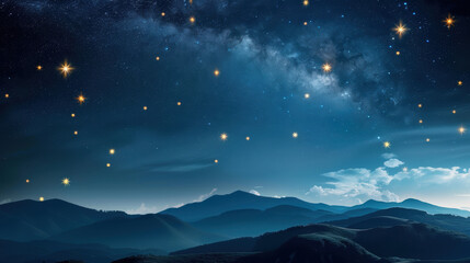 A starry night sky with mountains in the background
