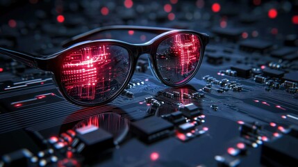 Digital circuit reflection in eyeglasses futuristic technology concept