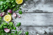 © klaut - Fresh Herbs Lemons Garlic on Rustic Wooden Background