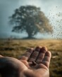 © Bargais - A small mustard seed in a man's hand, contrasted with a large tree in background.