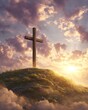 © Bargais - A christian cross standing on a hilltop at sunrise.