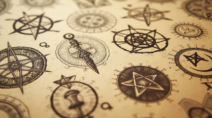  Gilded talismans and celestial symbols create a whimsigothic alchemical design in dark teal hues