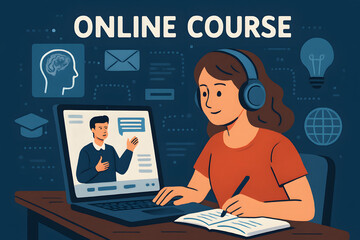 online course: a digital illustration shows a woman immersed in an online course, headphones, comput