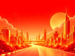 Aufkleber - 赤い空と太陽に照らされた都市景観 高層ビルが立ち並び道路が続く夕焼け時の都会の風景