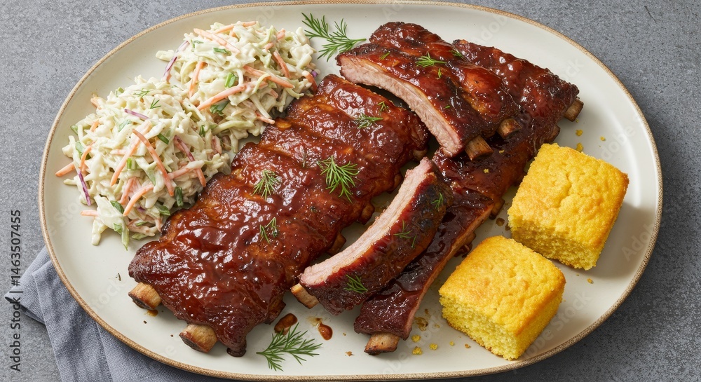 Succulent BBQ Pork Ribs with Coleslaw and Cornbread - Savory, fall-off ...
