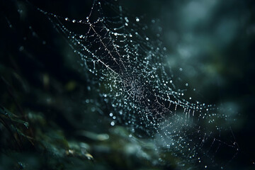 Delicate spiderweb with water droplets in dark environment.
