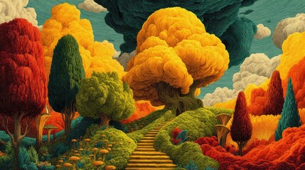 Colorful imaginative forest path