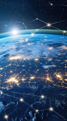 Poster - Earth from space with network connections, satellite view, global communication concept, high angle, illustration, digital art