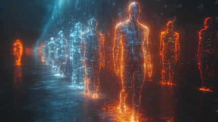 digital humans walking in a futuristic neon glow