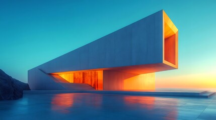 Aufkleber - 幾何学的なコンクリート建築物のミニマルデザイン 夕暮れの海に反射するモダンな家 暖色と青色の空が印象的
