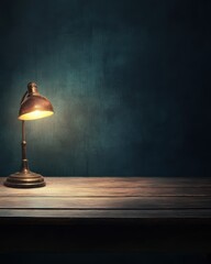 Poster - Vintage desk lamp illuminates wooden surface against dark teal wall in studio setting moody lighting