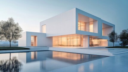 Aufkleber - ミニマリスト建築デザインの現代的な白い家の外観 水の反射と空の背景 現代的な高級住宅の静かで平和な雰囲気