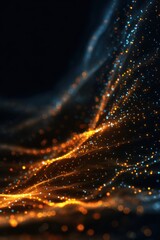 Poster - Abstract Golden Light Particles Flowing on Dark Background with Bokeh Effect for Technology and Science