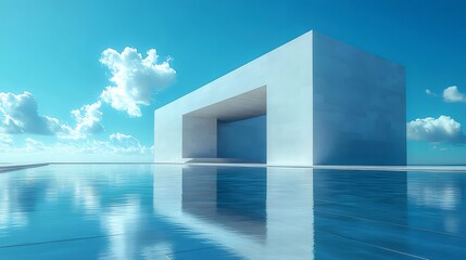 Aufkleber - 海に浮かぶ白い幾何学的建造物 青空と雲の反射が美しい現代的な抽象デザイン
