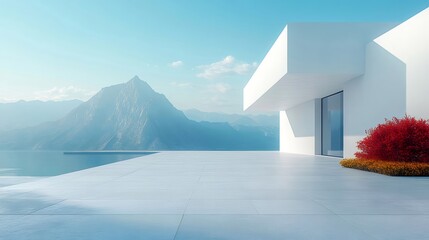 Aufkleber - 湖畔の白いミニマルな家の外観 山の背景と鮮やかな植栽が映える現代的な建築デザイン